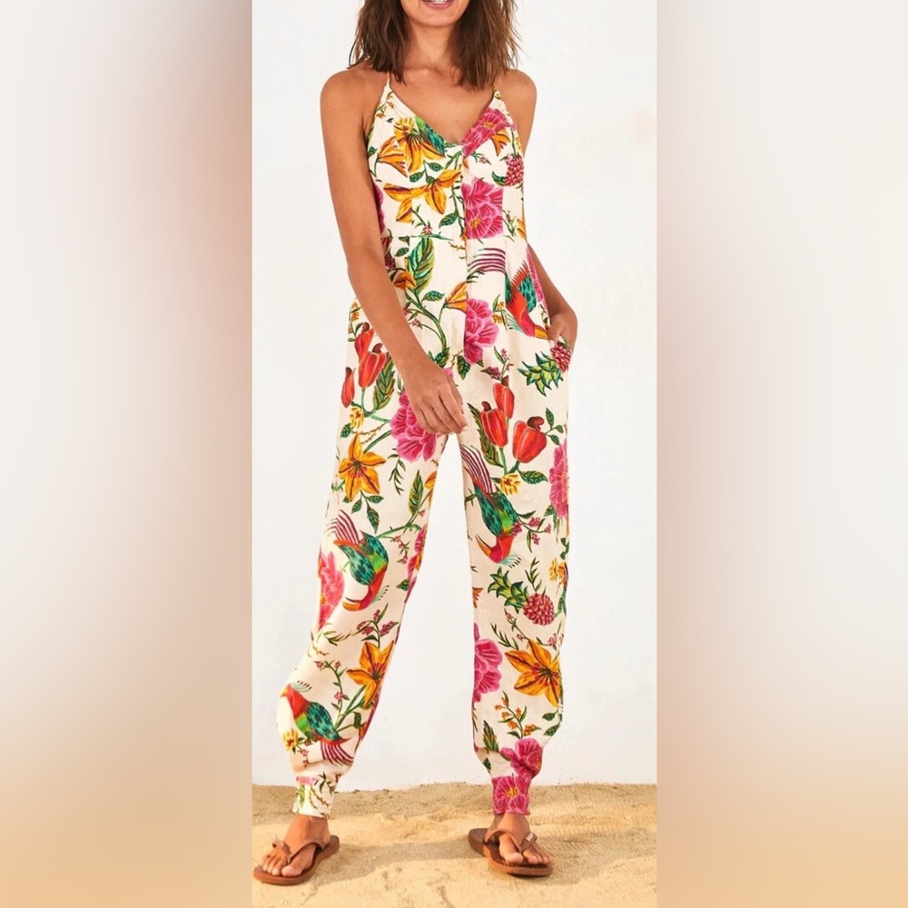 Farm Rio toucans garden halter neck floral jumpsuit size xs NWOT